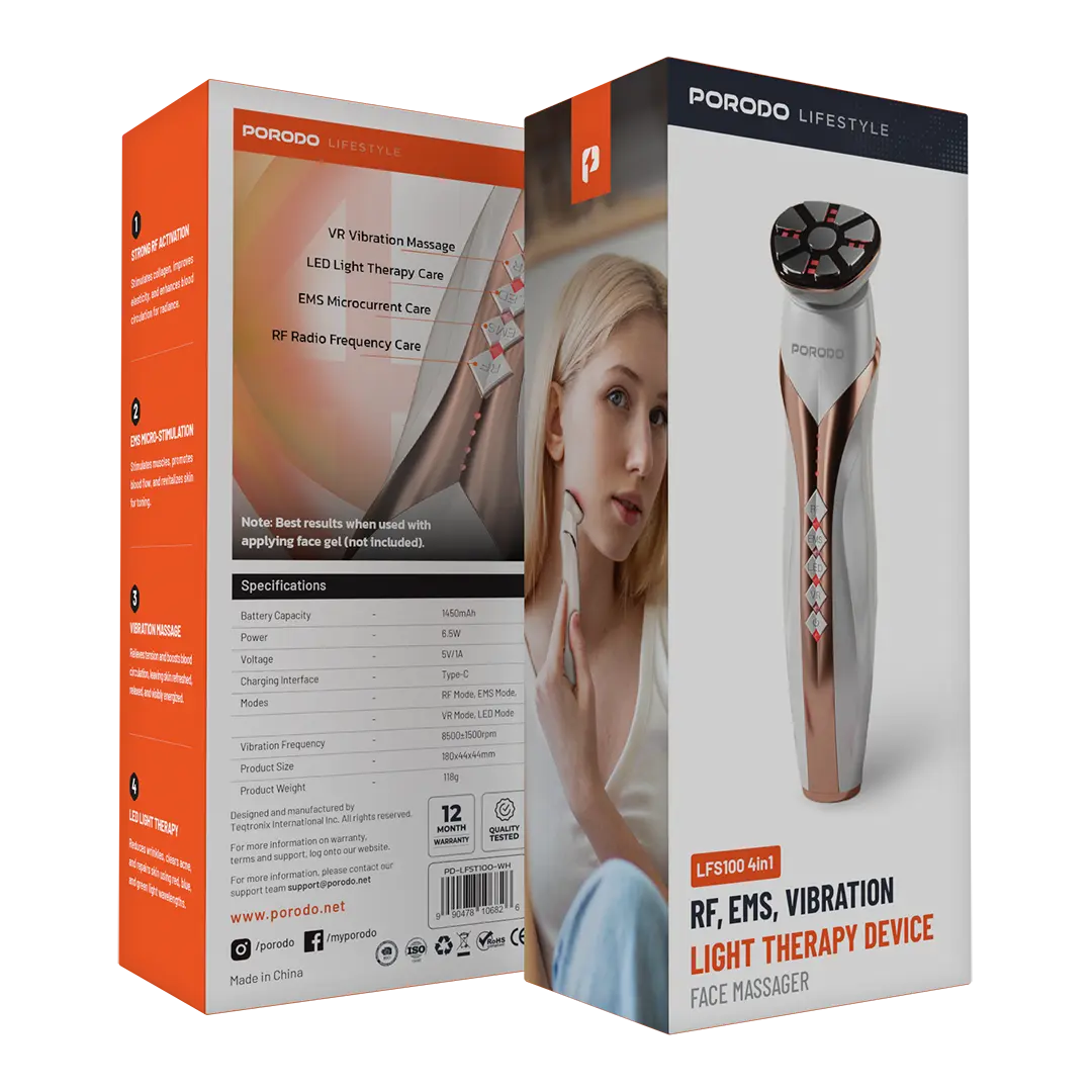 Porodo RF EMS vibration light therapy facial skincare device in white
جهاز العناية بالبشرة للوجه Porodo Lifestyle بتقنية RF وEMS والاهتزاز والعلاج بالضوء، باللون الأبيض.