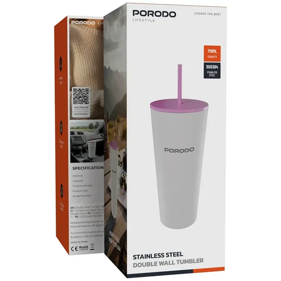Porodo Stainless Steel Double Wall Tumbler with Lid & Straw Travel Cup, Silver