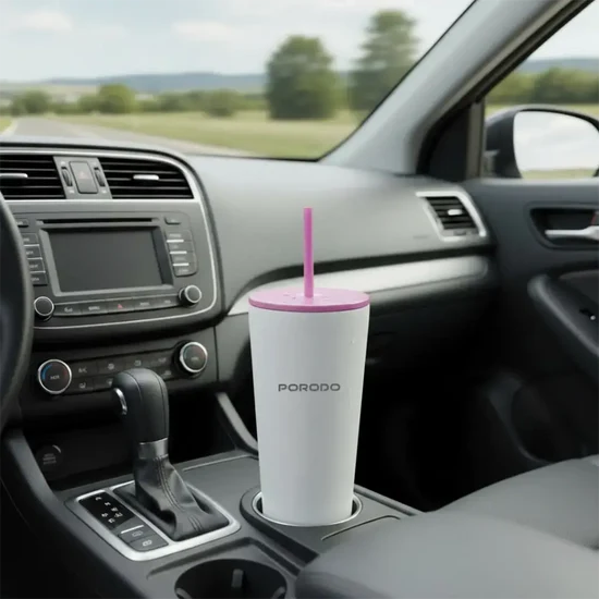 Porodo Stainless Steel Double Wall Tumbler with Lid & Straw Travel Cup, Silver