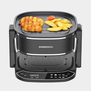 Porodo Lifestyle PD-LFST022-BK dual design air fryer and grill in black, 2-in-1 electric kitchen appliance for crispy and grilled foods.
قلاية هوائية وشواية Porodo Lifestyle PD-LFST022-BK بتصميم مزدوج 2 في 1 باللون الأسود لتحضير الأطعمة المقرمشة والمشوية.
