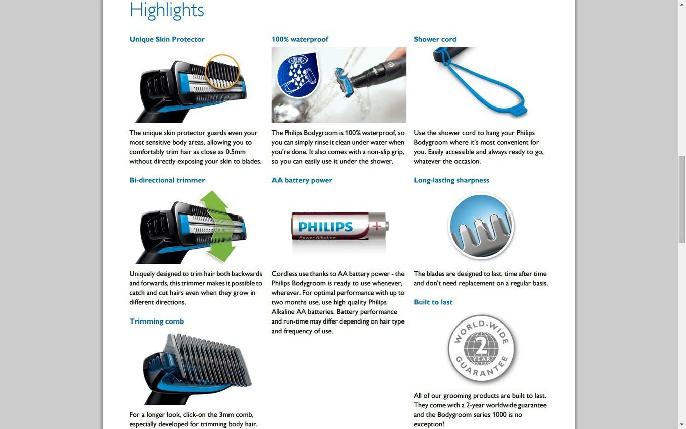PHILIPS BG1024/16 Body Trimmer for Men – Cordless Rechargeable Groomer, 4 Length Settings, 0.5–10mm