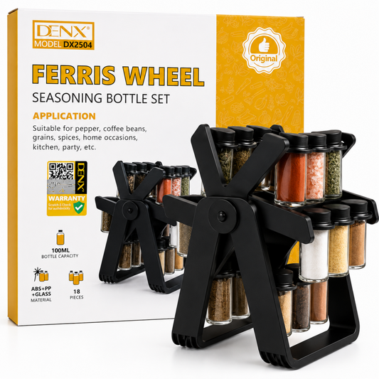 Denx DX2504 18-piece rotating spice rack with 100ml glass seasoning bottles and 360° Ferris wheel design for organized kitchen storage.
طقم علب بهارات دوّار Denx DX2504 مكون من 18 قطعة مع زجاجات زجاجية سعة 100 مل وحامل توابل بتصميم عجلة فيريس دوّار 360 درجة.