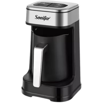 Sonifer SF-3588 700W Turkish coffee maker with 250ml capacity, fast and slow brewing modes, and automatic shut-off.
ماكينة قهوة تركية كهربائية Sonifer SF-3588 بقدرة 700 واط وسعة 250 مل مع وضعي تحضير سريع وبطيء وإيقاف تلقائي.
