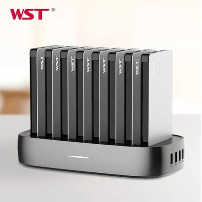 WST 8PCS 8000mAh Power Bank Charging Station with built-in Type-C, Micro USB and Lightning cables, digital battery display and metal housing.
محطة شحن باور بانك WST مكونة من 8 قطع بسعة 8000 مللي أمبير مع كابلات Type-C وMicro USB وLightning مدمجة وشاشة رقمية لمستوى البطارية.