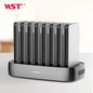 WST 8PCS 8000mAh Power Bank Charging Station with built-in Type-C, Micro USB and Lightning cables, digital battery display and metal housing.
محطة شحن باور بانك WST مكونة من 8 قطع بسعة 8000 مللي أمبير مع كابلات Type-C وMicro USB وLightning مدمجة وشاشة رقمية لمستوى البطارية.