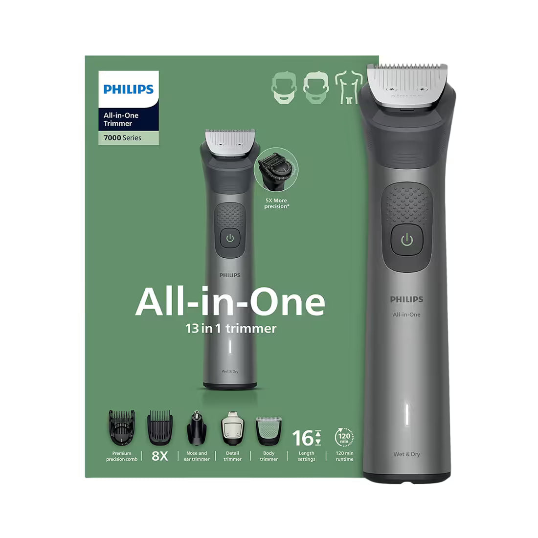 Philips All-in-One Grooming Set 7000 Series 8-in-1
Philips 7000 Series 8-in-1 men's grooming kit
مجموعة Philips 7000 للعناية الشخصية 8 في 1
جهاز Philips 7000 Series لتشذيب اللحية والشعر والجسم